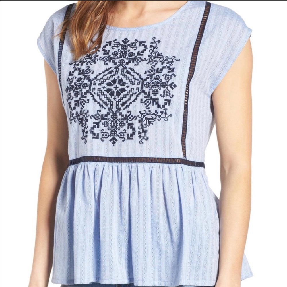 Nordstrom Caslon Embroidered Peplum Hem Top-Blue